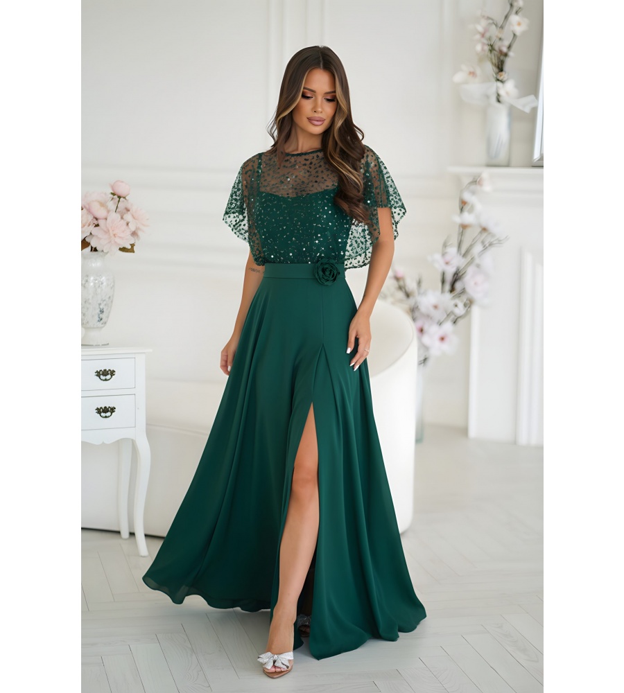 Sukienka maxi z narzutką cekinową w kolorze zielonym .MODEL: BC-9776