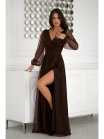 SUKIENKA W KOLORZE CZEKOLADOWYM Z DŁUGIM TIULOWYM RĘKAWEM ORAZ MATERIAŁOWYM PASKIEM. MODEL: BC-9778