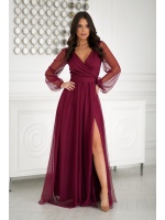 SUKIENKA W KOLORZE BORDOWYM Z DŁUGIM TIULOWYM RĘKAWEM ORAZ MATERIAŁOWYM PASKIEM.MODEL:BC-9779