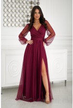 SUKIENKA W KOLORZE BORDOWYM Z DŁUGIM TIULOWYM RĘKAWEM ORAZ MATERIAŁOWYM PASKIEM.MODEL:BC-9779