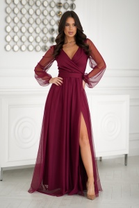 SUKIENKA W KOLORZE BORDOWYM Z DŁUGIM TIULOWYM RĘKAWEM ORAZ MATERIAŁOWYM PASKIEM.MODEL:BC-9779