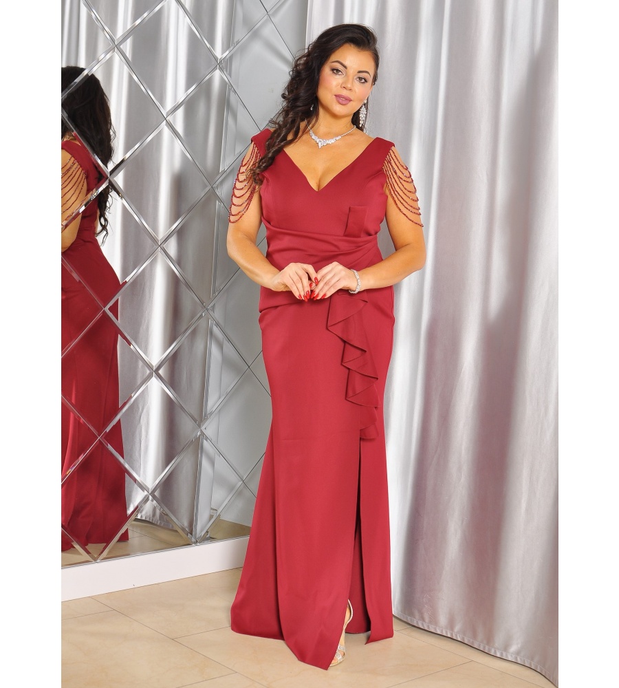 SUKIENKA MAXI RYBKA Z KORALIKAMI NA RAMIONACH W KOLORZE BORDOWYM.MODEL: PW-9789