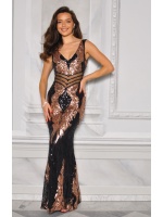SUKIENKA CZARNO-ZŁOTA DŁUGA Z PRZEŚWITEM SIATECZKOWYM W TALII I KRYSZTAŁAMI. MODEL: PW-9807