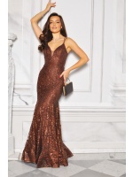 Sukienka brązowa z brokatem i cekinami – rybka z wiązaniem na plecach. DÓŁ ROZKLOSZOWANY. MODEL: IP-9817