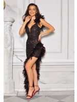 SUKIENKA ASYMETRYCZNA BRĄZOWA Z PIÓRAMI NA NODZE I RAMIONACH.MODEL: IP-9819