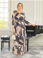 Długa sukienka z rękawkiem 7/8 o wzorze marmurkowym złoto-czarno-granatowym. Model: TR-9860
