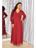 SUKIENKA MAXI POKRYTA BROKATEM Z DŁUGIM RĘKAWKIEM I TIULOWYM DOŁEM W KOLORZE BOROWYM . MODEL: TR-9867