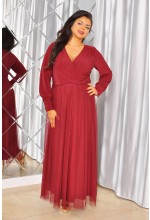 SUKIENKA MAXI POKRYTA BROKATEM Z DŁUGIM RĘKAWKIEM I TIULOWYM DOŁEM W KOLORZE BOROWYM . MODEL: TR-9867