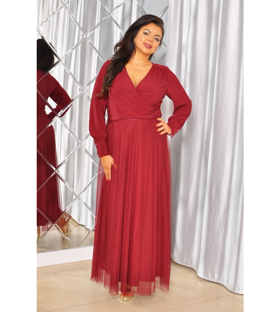 SUKIENKA MAXI POKRYTA BROKATEM Z DŁUGIM RĘKAWKIEM I TIULOWYM DOŁEM W KOLORZE BOROWYM . MODEL: TR-9867