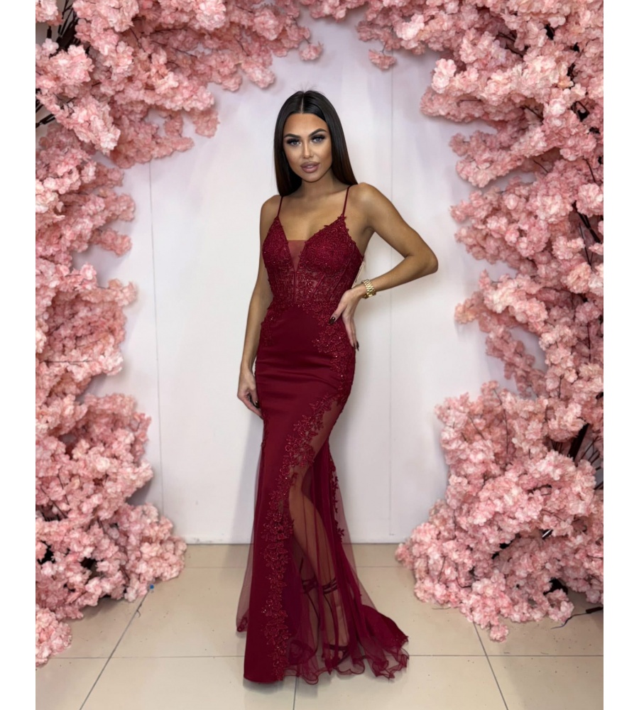 SUKIENKA MAXI W KOLORZE BORDOWYM KORONKOWA. MODEKL: PW-9878