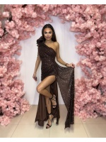 SUKIENKA MAXI CEKINOWA NA JEDNO RAMIE W KOLORE BRĄZOWYM. MODEL: PW-9881