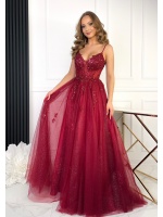 SUKIENKA MAXI W KOLORZE BORDOWYM NA GORSECIE Z PRZEŚWITUJĄCĄ TALIĄ.MODEL: IP-9887