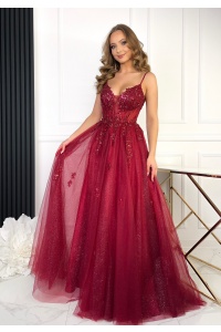 SUKIENKA MAXI W KOLORZE BORDOWYM NA GORSECIE Z PRZEŚWITUJĄCĄ TALIĄ.MODEL: IP-9887