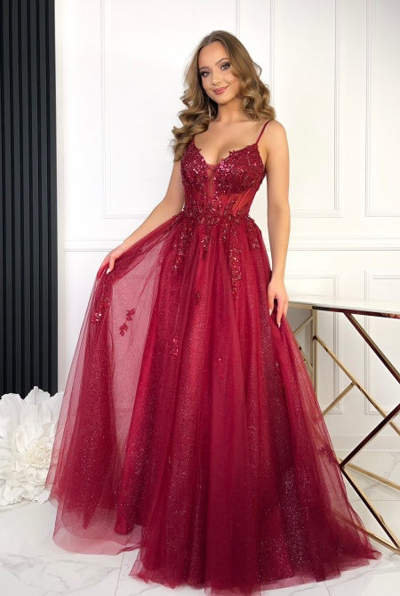 SUKIENKA MAXI W KOLORZE BORDOWYM NA GORSECIE Z PRZEŚWITUJĄCĄ TALIĄ.MODEL: IP-9887