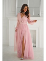 SUKIENKA W KOLORZE RÓŻOWYM Z DŁUGIM TIULOWYM RĘKAWEM ORAZ MATERIAŁOWYM PASKIEM.MODEL: BC-9895