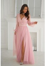 SUKIENKA W KOLORZE RÓŻOWYM Z DŁUGIM TIULOWYM RĘKAWEM ORAZ MATERIAŁOWYM PASKIEM.MODEL: BC-9895