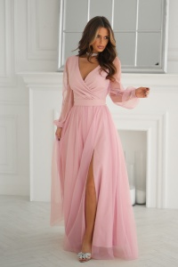 SUKIENKA W KOLORZE RÓŻOWYM Z DŁUGIM TIULOWYM RĘKAWEM ORAZ MATERIAŁOWYM PASKIEM.MODEL: BC-9895