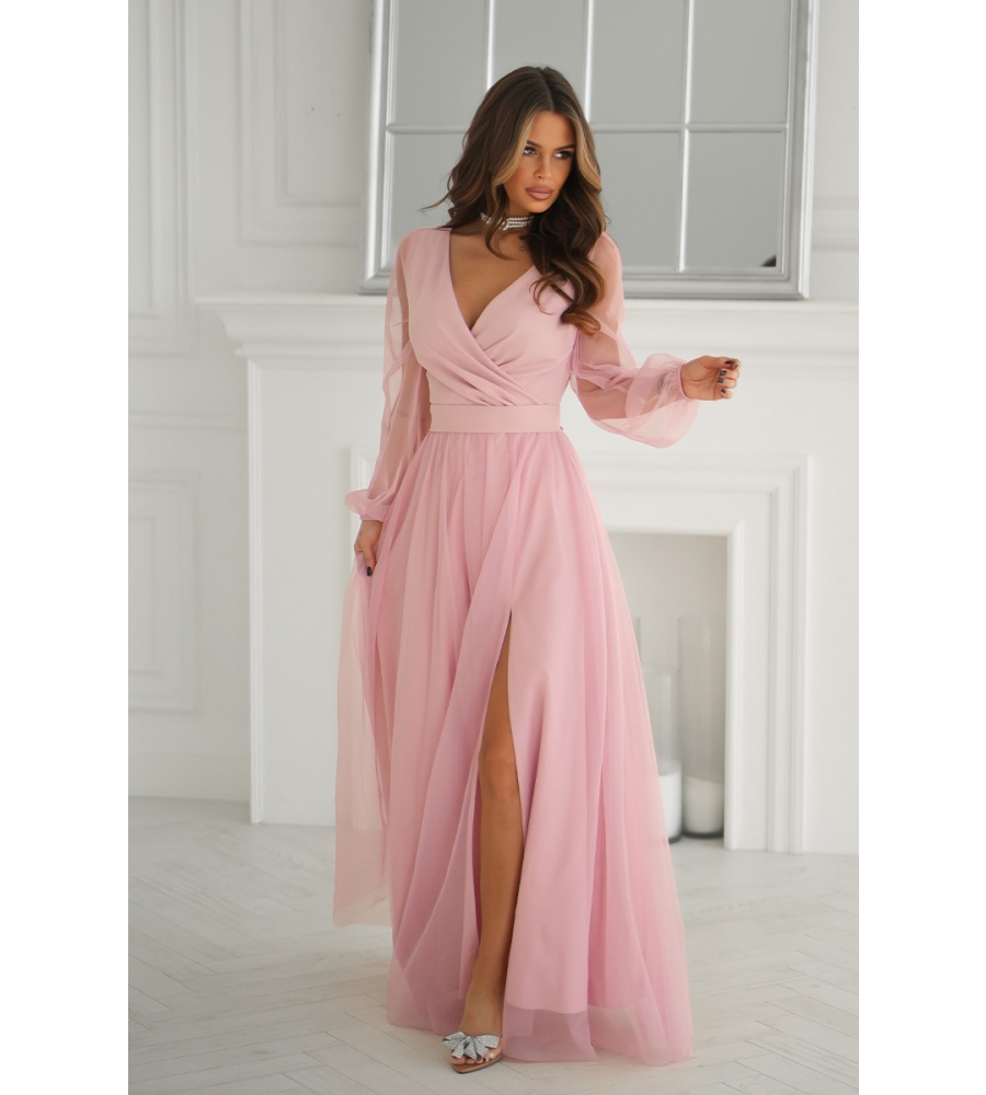 SUKIENKA W KOLORZE RÓŻOWYM Z DŁUGIM TIULOWYM RĘKAWEM ORAZ MATERIAŁOWYM PASKIEM.MODEL: BC-9895