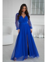 SUKIENKA W KOLORZE SZAFIROWYM Z DŁUGIM TIULOWYM RĘKAWEM ORAZ MATERIAŁOWYM PASKIEM. MODEL: BC-9896