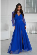 SUKIENKA W KOLORZE SZAFIROWYM Z DŁUGIM TIULOWYM RĘKAWEM ORAZ MATERIAŁOWYM PASKIEM. MODEL: BC-9896