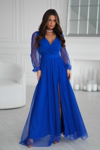 SUKIENKA W KOLORZE SZAFIROWYM Z DŁUGIM TIULOWYM RĘKAWEM ORAZ MATERIAŁOWYM PASKIEM. MODEL: BC-9896