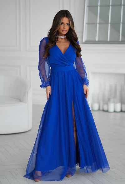 SUKIENKA W KOLORZE SZAFIROWYM Z DŁUGIM TIULOWYM RĘKAWEM ORAZ MATERIAŁOWYM PASKIEM. MODEL: BC-9896