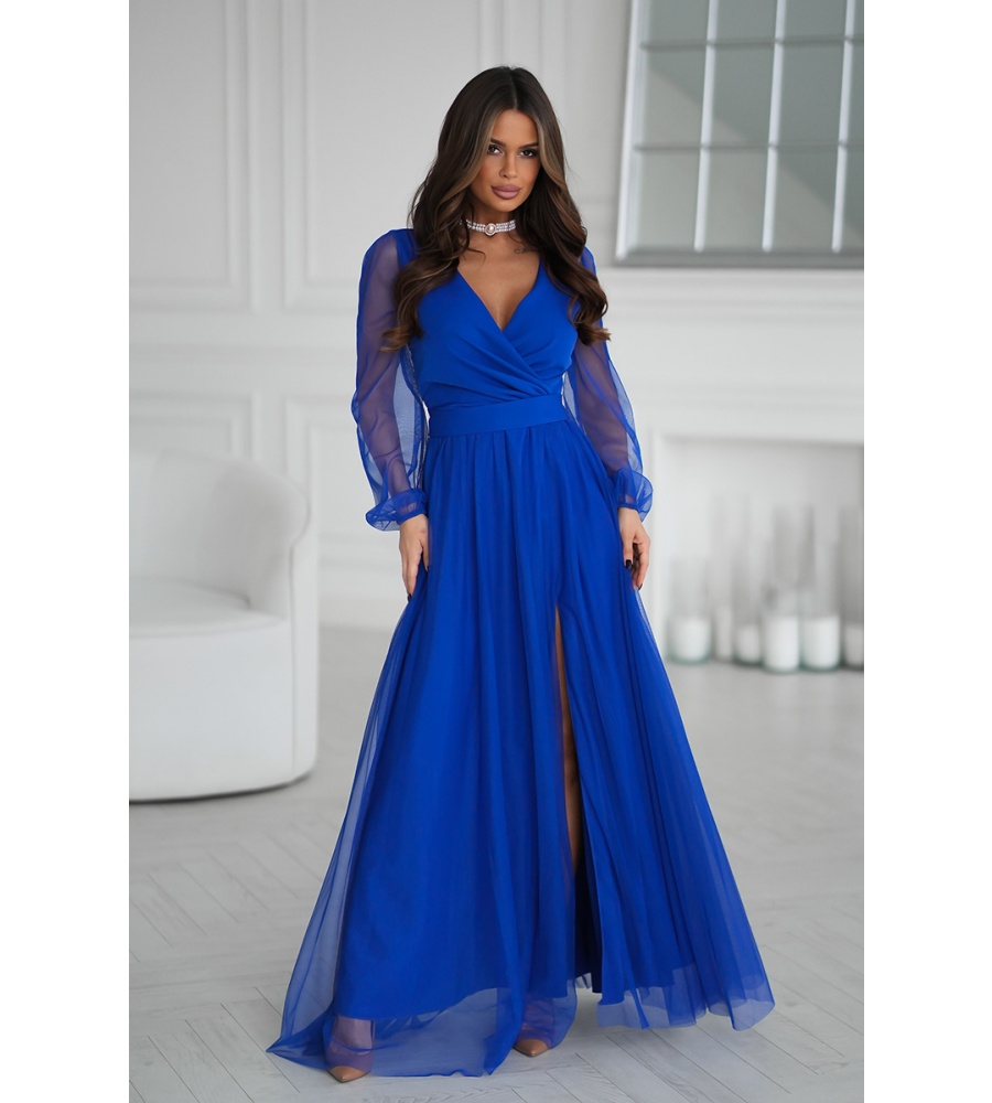 SUKIENKA W KOLORZE SZAFIROWYM Z DŁUGIM TIULOWYM RĘKAWEM ORAZ MATERIAŁOWYM PASKIEM. MODEL: BC-9896